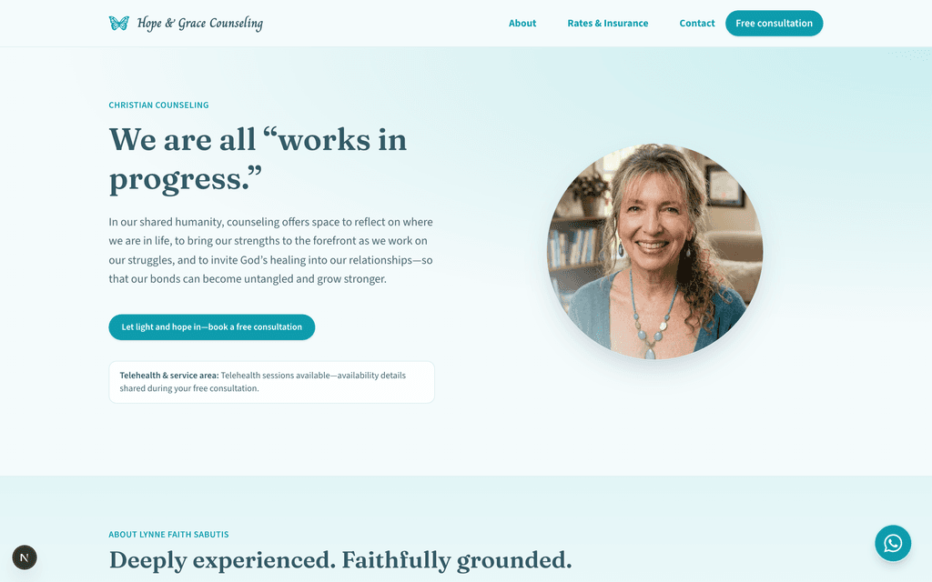 The counseling practice home page, showing a warm portrait hero above a three step booking process.