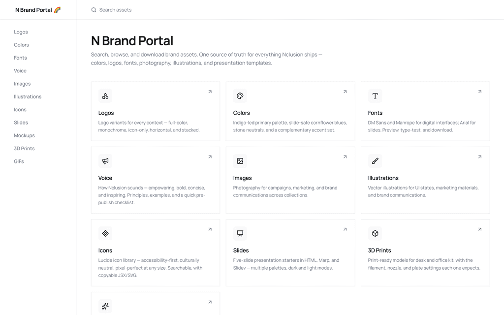 The N Brand Portal asset library, showing a searchable grid of logo files and brand color swatches.